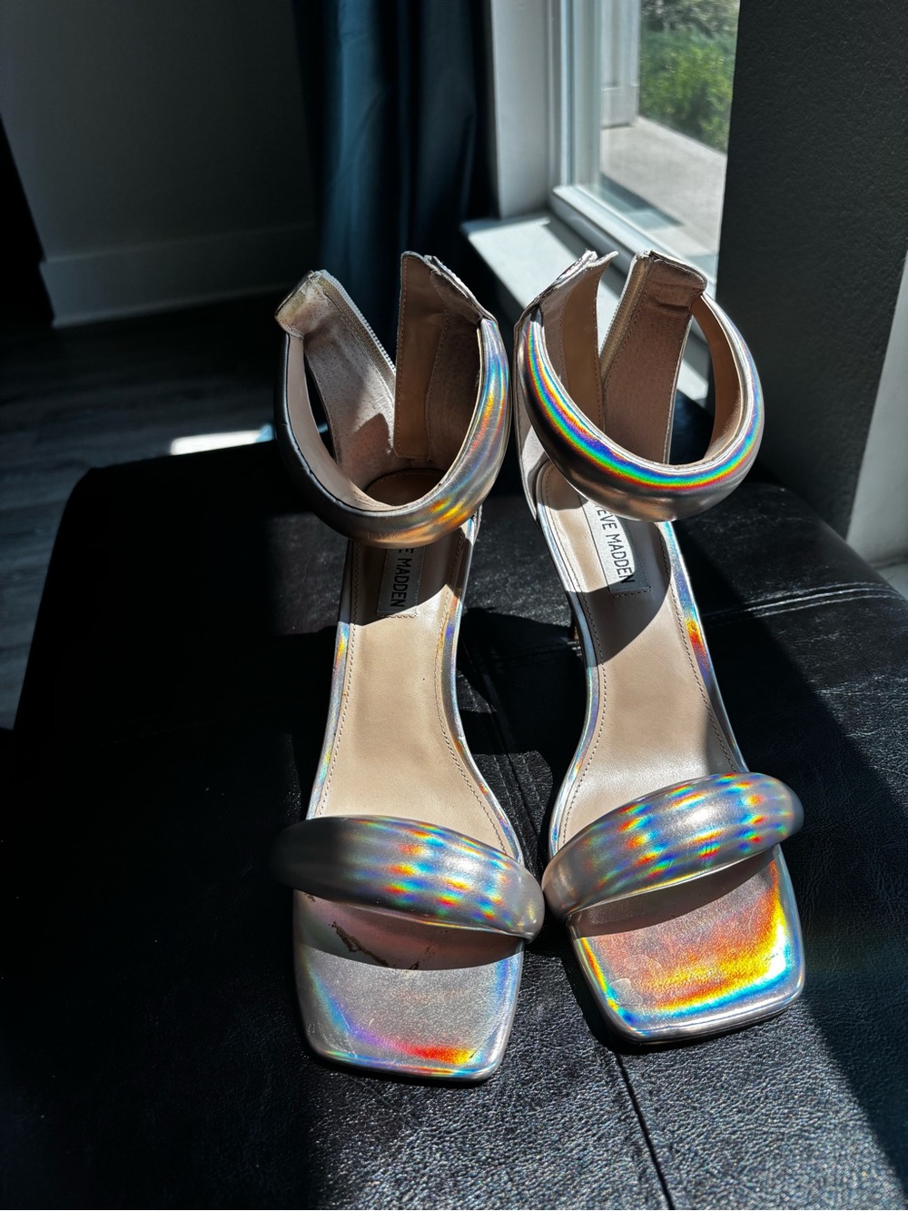 Steve Madden Holographic Iridescent Ankle Strap Heels